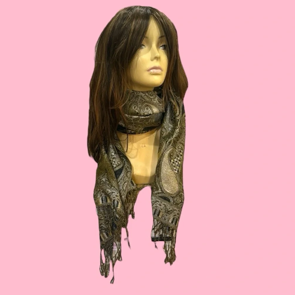 PAISLEY BLACK GOLD METALLIC SILVER SCARF EVENING‎ WRAP